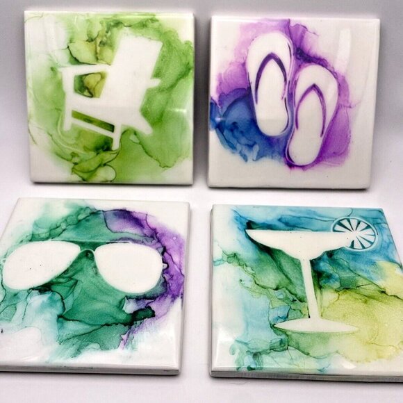 Ceramic Studio Art Alcohol Ink Abstract Summer Tile Coasters Set of 7 4x4 - Picture 2 of 8